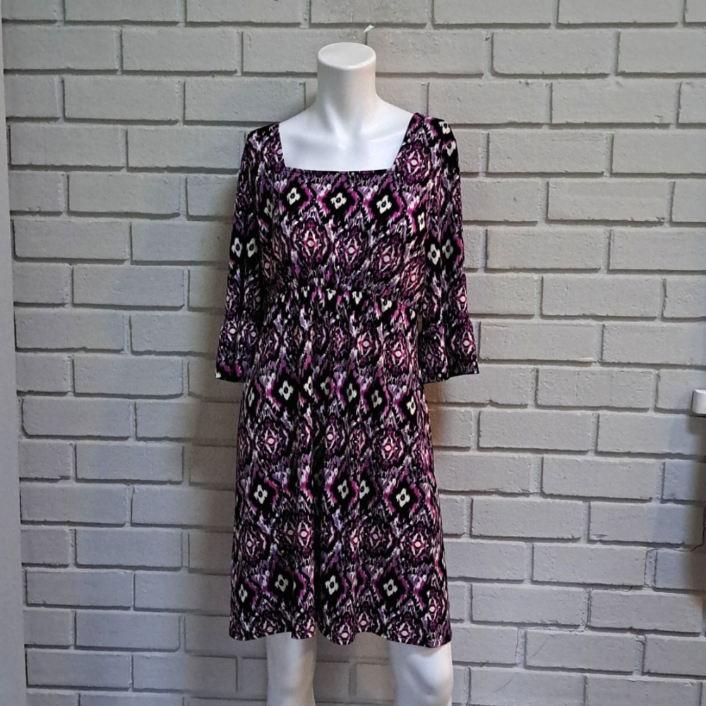 A Dressing Woman Purple/Black Boho Bell Sleeve High Waisted Dress.  Medium NWOT